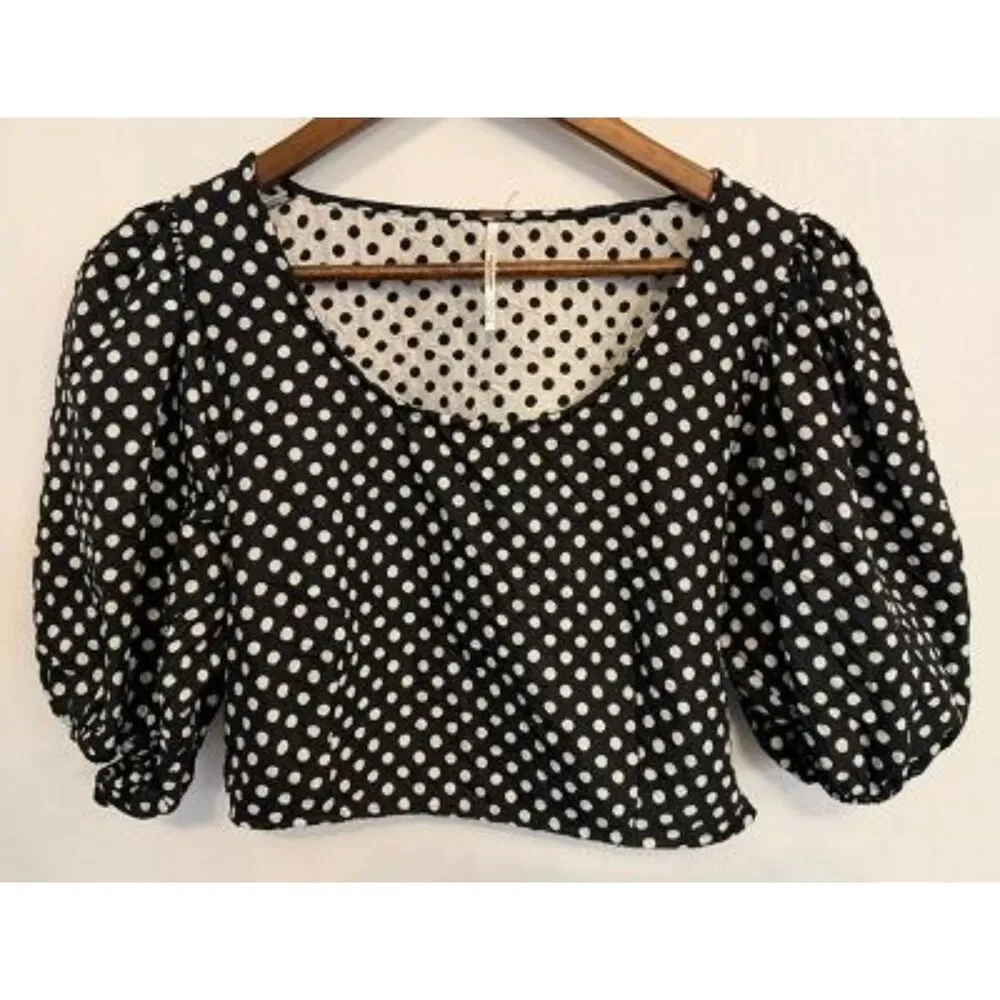 Free People Polka Dot Puff Sleeve Crop Top Blouse Black White Size 6
